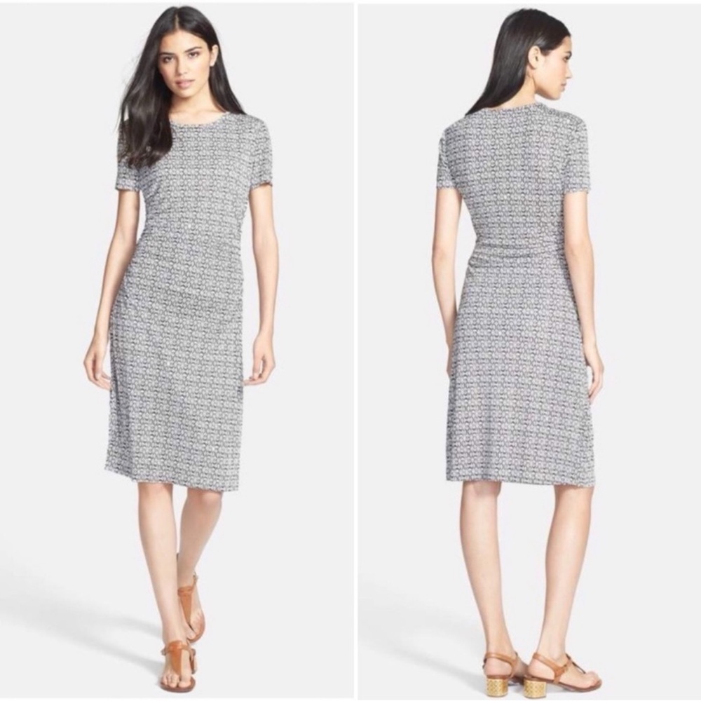 Tory Burch Silk Purple, Black & Cream Patterned Ruched Midi Dress